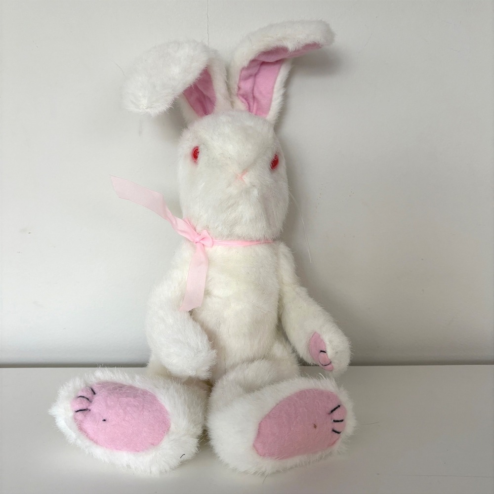 Vtg White Plush Bunny Rabbit Pink Eyes Ribbon Stuffed Animal Toy‎ Posable Ears